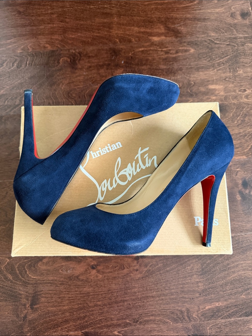 CHRISTIAN LOUBOUTIN Declic 120 Navy Suede Pumps IT 39